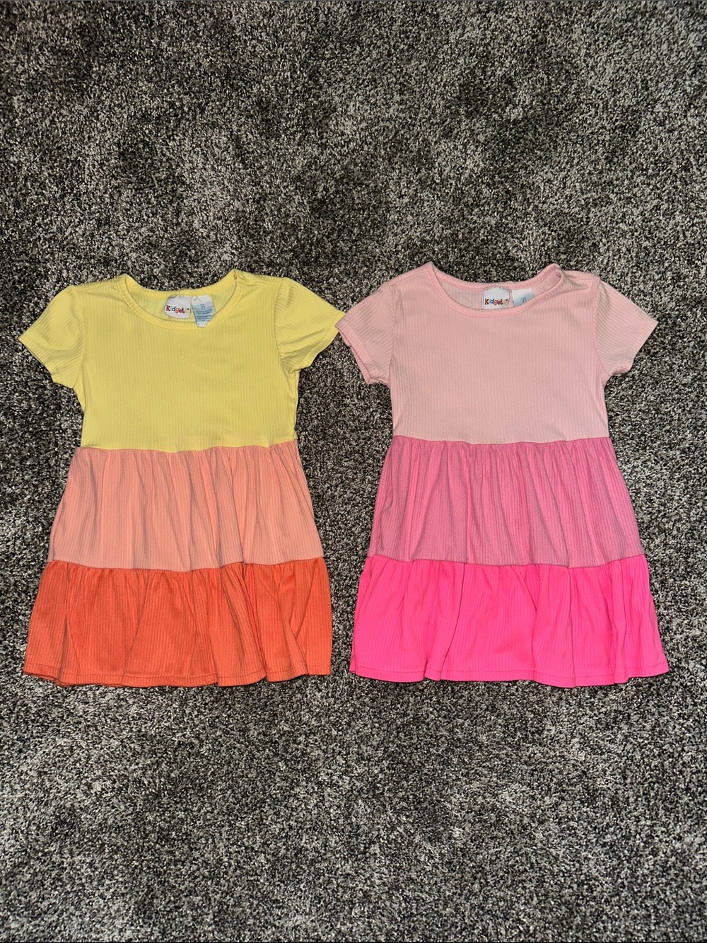 Kidgets Tiered Short-Sleeve Dresses - Yellow, Peach, Orange & Pink Shades